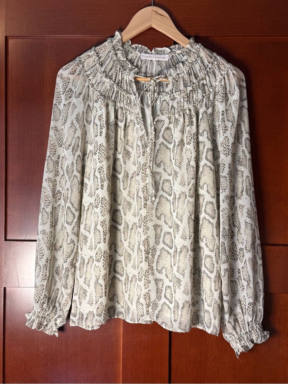 Pookie & Sebastian Snake Print Ruffle V-Neck Blouse Size Small